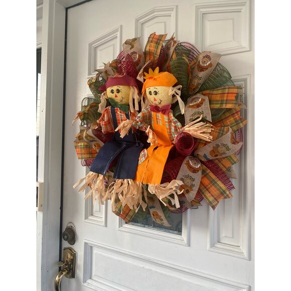 Fall Scarecrow Wreath – Harvest Couple Door Decor – Handmade Autumn Wreath - Picture 8 of 10